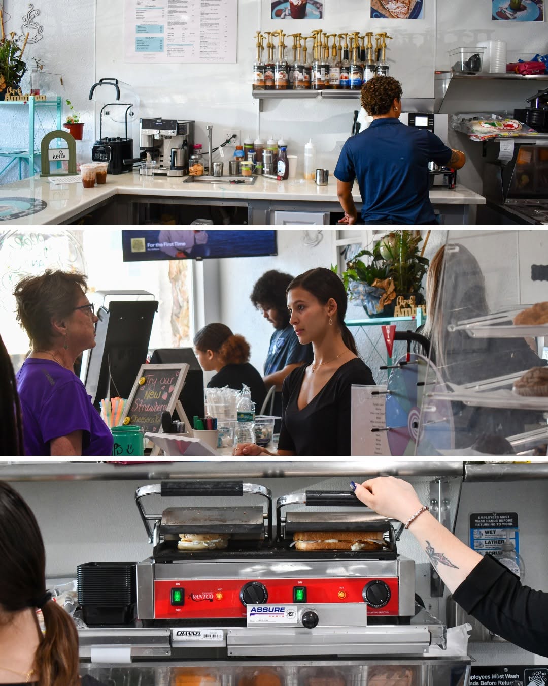 Behind the counter at The Skinny Bean Cafe — drinks, the register and the panini press
