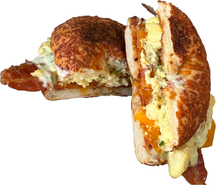 Asiago Ave bagel sandwich cut in half with bacon, egg, and cheese