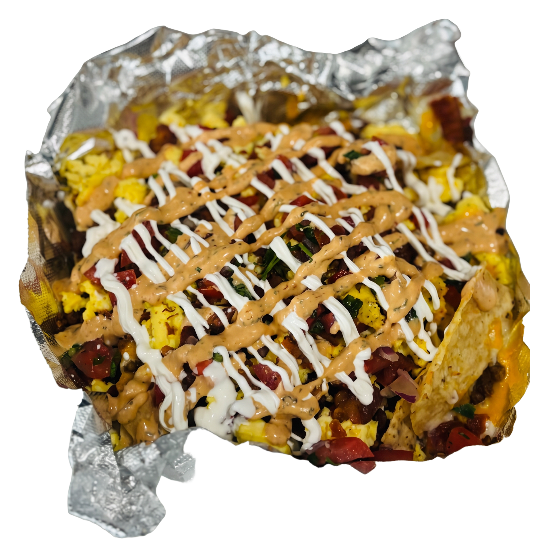 Breakfast nachos loaded with egg, cheese, and sauces